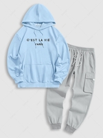 Sweat-Shirt à Capuche Pull-over Inscription Brodée et Pantalon avec Cordon de Serrage et Poches à Rabat Taille unique Bleu clair
