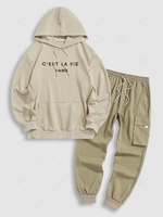 Sweat-Shirt à Capuche Pull-over Inscription Brodée et Pantalon avec Cordon de Serrage et Poches à Rabat Taille unique Café lumière