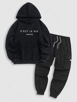 Sweat-Shirt à Capuche Pull-over Inscription Brodée et Pantalon avec Cordon de Serrage et Poches à Rabat Taille unique Noir