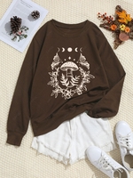 Sweat-shirt à Imprimé Papillon Champignon Lune et Fleur L Café profond
