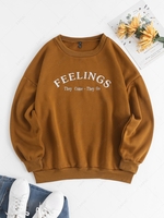 Sweat-shirt Brodé à Imprimé Lettre FEELINGS à Fente Latérale à Col Rond en Laine M Café