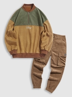 Sweat-shirt de Base-ball en Velours Côtelé avec Poches Poitrine et Inscription Bague Brodée et Pantalon Cargo Taille unique Café