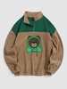 Sweat-shirt Fourré Ours Polaire Brodé en Blocs de Couleurs Zippé L Café