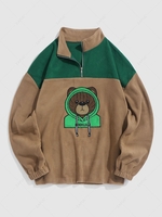 Sweat-shirt Fourré Ours Polaire Brodé en Blocs de Couleurs Zippé L Café