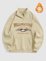 Sweat-shirt Graphique Motif de Montagne et YELLOW STONE à Doublure en Laine à 1 / 4 Zip L Café lumière