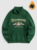 Sweat-shirt Graphique Motif de Montagne et YELLOW STONE à Doublure en Laine à 1 / 4 Zip L Vert profond