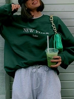 Sweat-shirt Oversize Lettre New York Brodé à Goutte Epaule L Vert profond