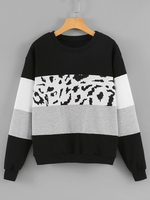 Sweat-shirt Panneau Léopard en Blocs de Couleurs à Col Rond L Noir