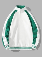 Sweat-shirt Panneau Rayé en Blocs de Couleurs Latérale et Brillant à 1 / 4 Zip L Vert