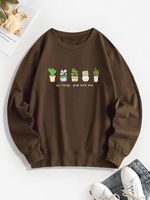 Sweat-shirt Pull-over à Imprimé Cactus et Plante L Café profond