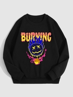 Sweat-shirt Pull-over Graphique à Doublure en Laine Motif de Visage Souriant et Lettre BURNING Streetwear L Noir
