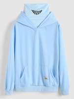 Sweat à Capuche Applique Lettre à Double Col avec Poches Kangourou Streetwear M Bleu