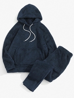 Sweat à Capuche Fourré en Couleur Unie avec Poche en Avant et Pantalon Deux Pièces S Ardoise bleue foncée