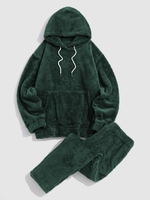 Sweat à Capuche Fourré en Couleur Unie avec Poche en Avant et Pantalon Deux Pièces S Vert profond