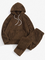 Sweat à Capuche Fourré en Couleur Unie avec Poche en Avant et Pantalon Deux Pièces Xl Marron foncé