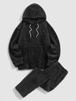 Sweat à Capuche Fourré en Couleur Unie avec Poche en Avant et Pantalon Deux Pièces Xl Noir