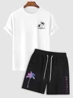 T-shirt à Arbre Palmier et Lettre et Short à Motif Personnage Taille unique Blanc