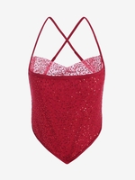 T-shirt à Bretelle Croisé en Maille à Paillettes M Rouge