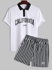 T-shirt à Col Polo Motif de Lettre CALIFORNIA et Short Rayé à Cordon Taille unique Blanc