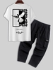 T-shirt à Imprimé Aigle Lettre et Rose et Pantalon Cargo avec Multi-Poches Taille unique Noir