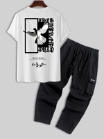 T-shirt à Imprimé Aigle Lettre et Rose et Pantalon Cargo avec Multi-Poches Taille unique Noir