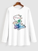 T-shirt à Imprimé Dinosaure Mignon Dessin Animé à Manches Longues S Blanc