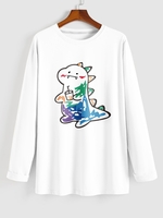T-shirt à Imprimé Dinosaure Mignon Dessin Animé à Manches Longues S Blanc