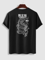 T-shirt à Imprimé Dragon Style Chinois à Manches Courtes L Noir