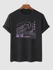 T-shirt à Imprimé Graphique Vague de Mer et Caractère Chinois à Manches Courtes L Noir