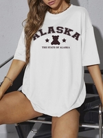 T-shirt à Imprimé Lettre ALASKA Graphique Ours et Etoile à Manches Courtes M Blanc