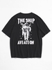 T-shirt à Imprimé Lettre Astronaute à Manches Courtes L Noir