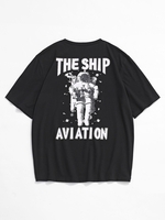 T-shirt à Imprimé Lettre Astronaute à Manches Courtes L Noir