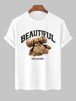 T-shirt à Imprimé Lettre BEAUTIFUL et Ours à Manches Courtes L Blanc