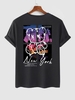 T-shirt à Imprimé Lettre New York Graphique Ours Dessin Animé à Manches Courtes L Noir