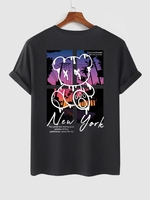 T-shirt à Imprimé Lettre New York Graphique Ours Dessin Animé à Manches Courtes L Noir