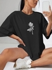 T-shirt à Imprimé Rose à Goutte Epaule L Noir