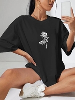 T-shirt à Imprimé Rose à Goutte Epaule L Noir