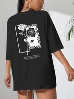 T-shirt à Imprimé Rose à Goutte Epaule S Noir