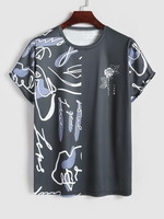 T-shirt à Imprimé Rose et Abstrait à Manches Courtes L Noir