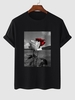 T-shirt à Imprimé Rose Fleuri à Manches Courtes L Noir