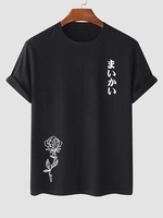 T-shirt à Imprimé Rose Graphique Japonais à Manches Courtes L Noir