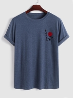 T-shirt à Imprimé Rose Japonais à Manches Courtes L Bleu profond