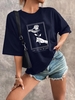 T-shirt à Imprimé Rose Main Squelette à Goutte Epaule M Bleu profond