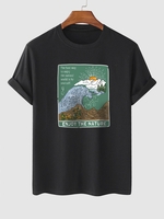 T-shirt à Imprimé Soleil Vague et Slogan à Manches Courtes L Noir