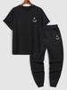 T-shirt à Imprimé Visage Souriant et Pantalon de Jogger de Sport Taille unique Noir