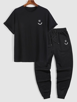T-shirt à Imprimé Visage Souriant et Pantalon de Jogger de Sport Taille unique Noir