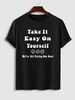 T-shirt à Imprimé Visage Souriant et Slogan Take It Easy L Noir