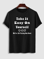 T-shirt à Imprimé Visage Souriant et Slogan Take It Easy L Noir