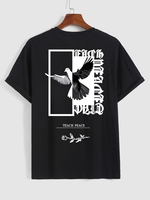 T-Shirt à Manches Courtes Motif Aigle et Roses Style Graphique L Noir
