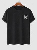T-shirt à Motif de Lettre et Papillon à Paysage à Manches Courtes M Noir